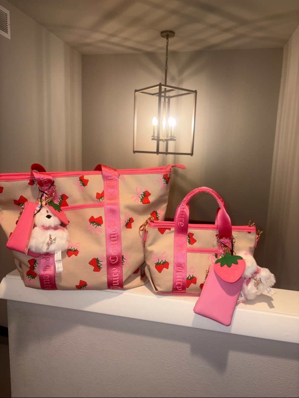 Juicy Couture Beige Canvas Tote & Mini Bag with Pink Strawberry Trim